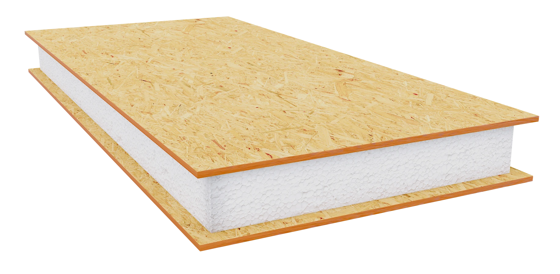 Corte del panel CassaSIP mostrando su estructura tipo sándwich, placas OSB y núcleo de poliestireno