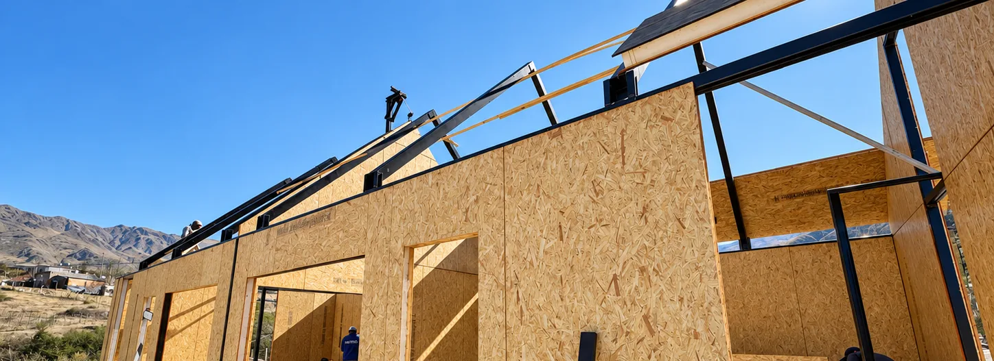 Vivienda con paneles SIP en construcción, estructura de techo a la vista