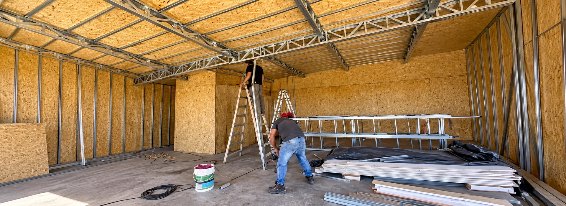 Interior de obra con estructura de techo metálica sobre paneles SIP