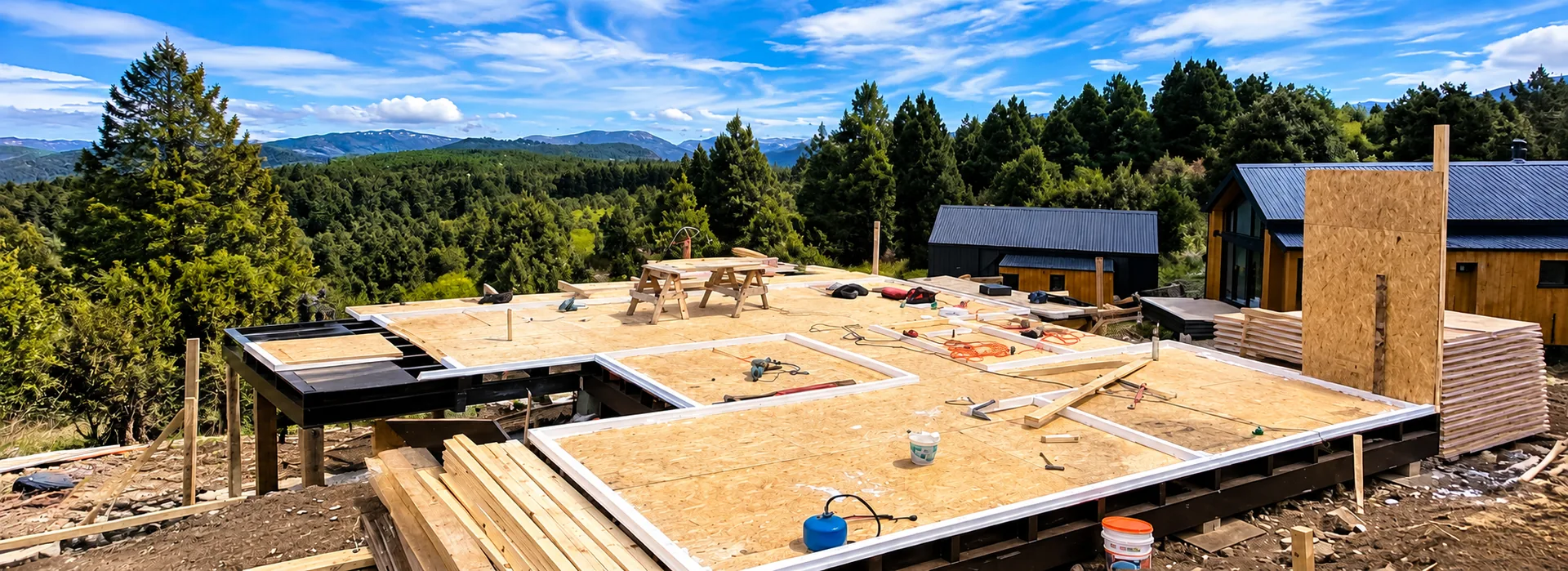 Entrepiso de paneles SIP en construcción, vista panorámica de bosque