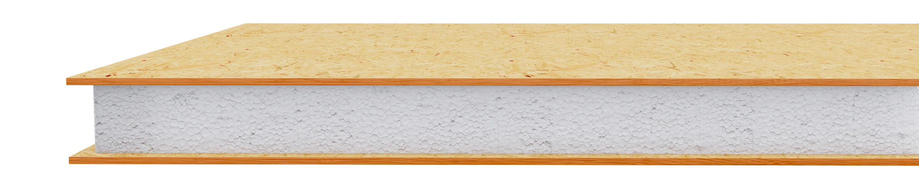 Detalle del panel CassaSIP en corte: placas OSB con núcleo de poliestireno expandido